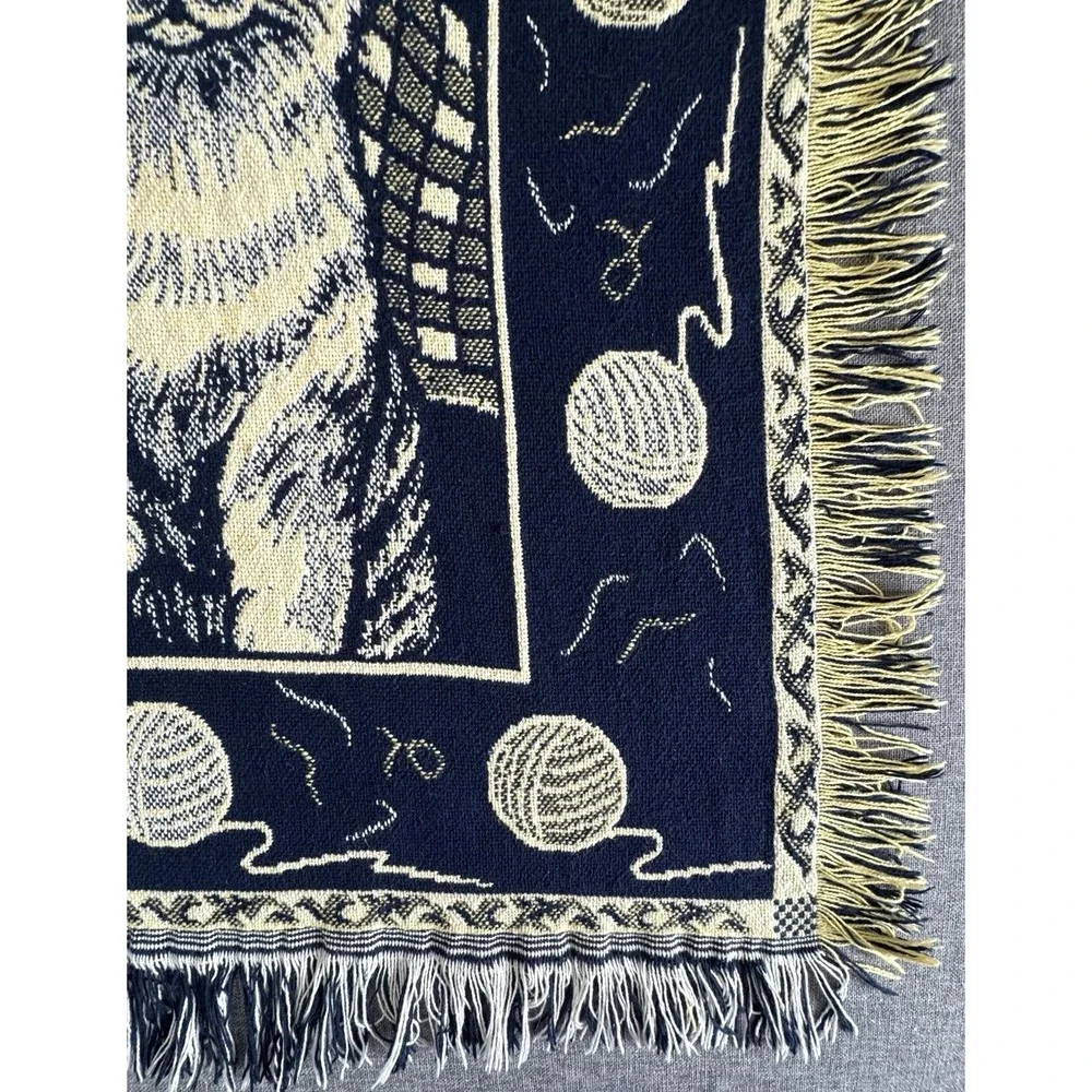 Vintage Woven Cat Kittens Throw Blanket Fringe Navy Cream 43x54 Tapestry Cottage - Picture 6 of 14